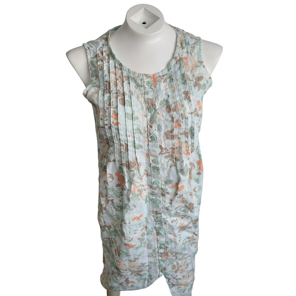 L.L. Bean Womens Size 8 Blue Floral Linen Pintuck Button Front Sleeveless Dress